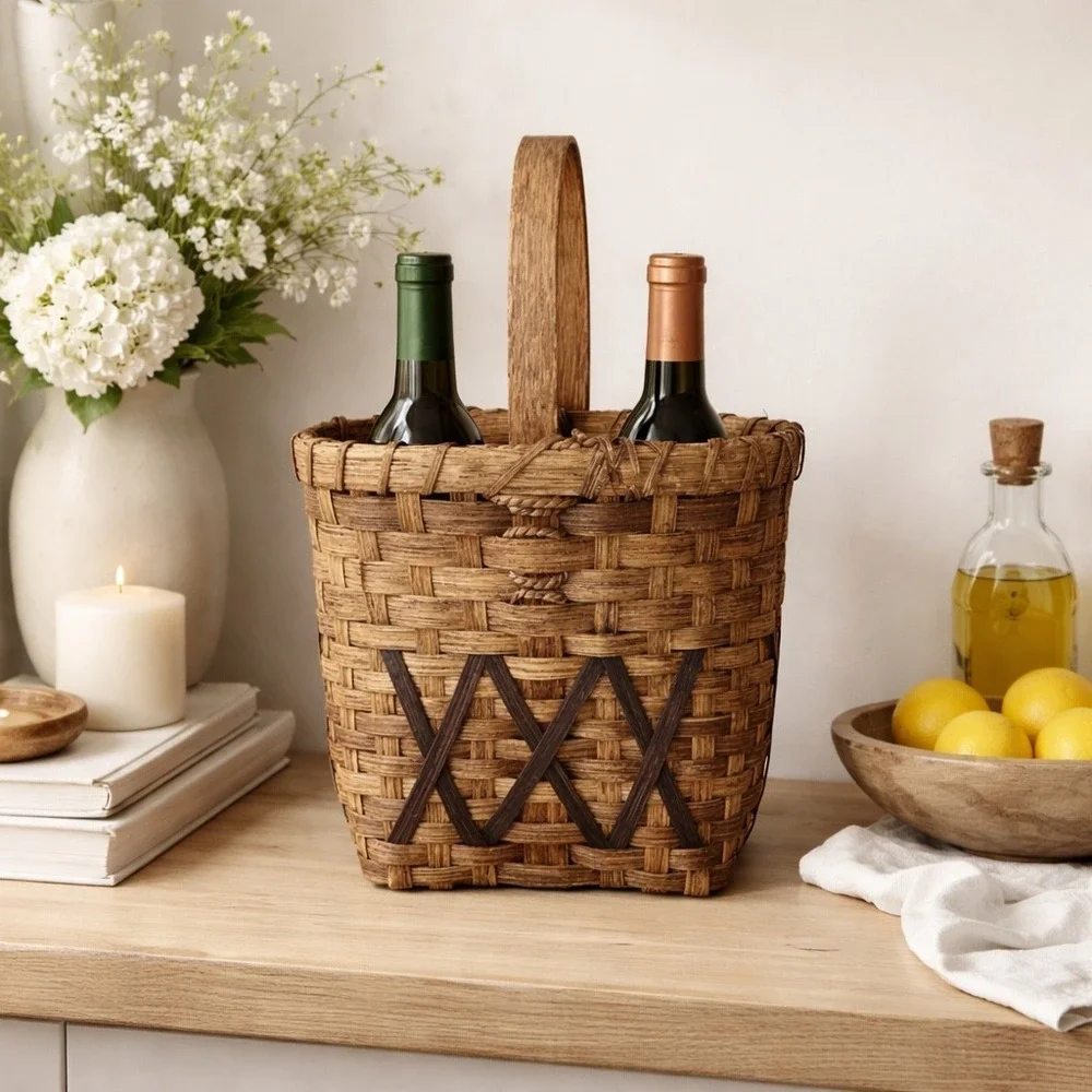 Vintage Splint‎ Basket Handmade Wood Handle 2001 Signed Wine Holder Gathering